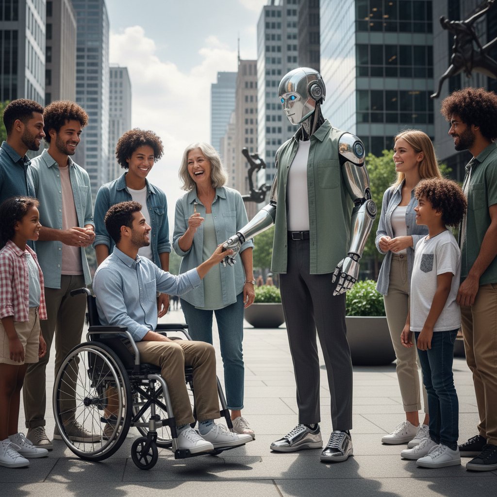 Zdjęcie neutralnego płciowo robota w otoczeniu ludzi o różnych tożsamościach