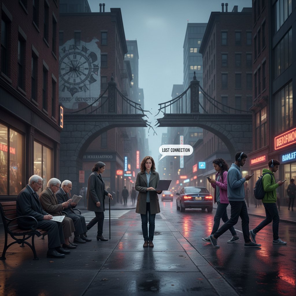 Zróżnicowane pokolenia, młodzi i starsi, zamyśleni w miejskim otoczeniu