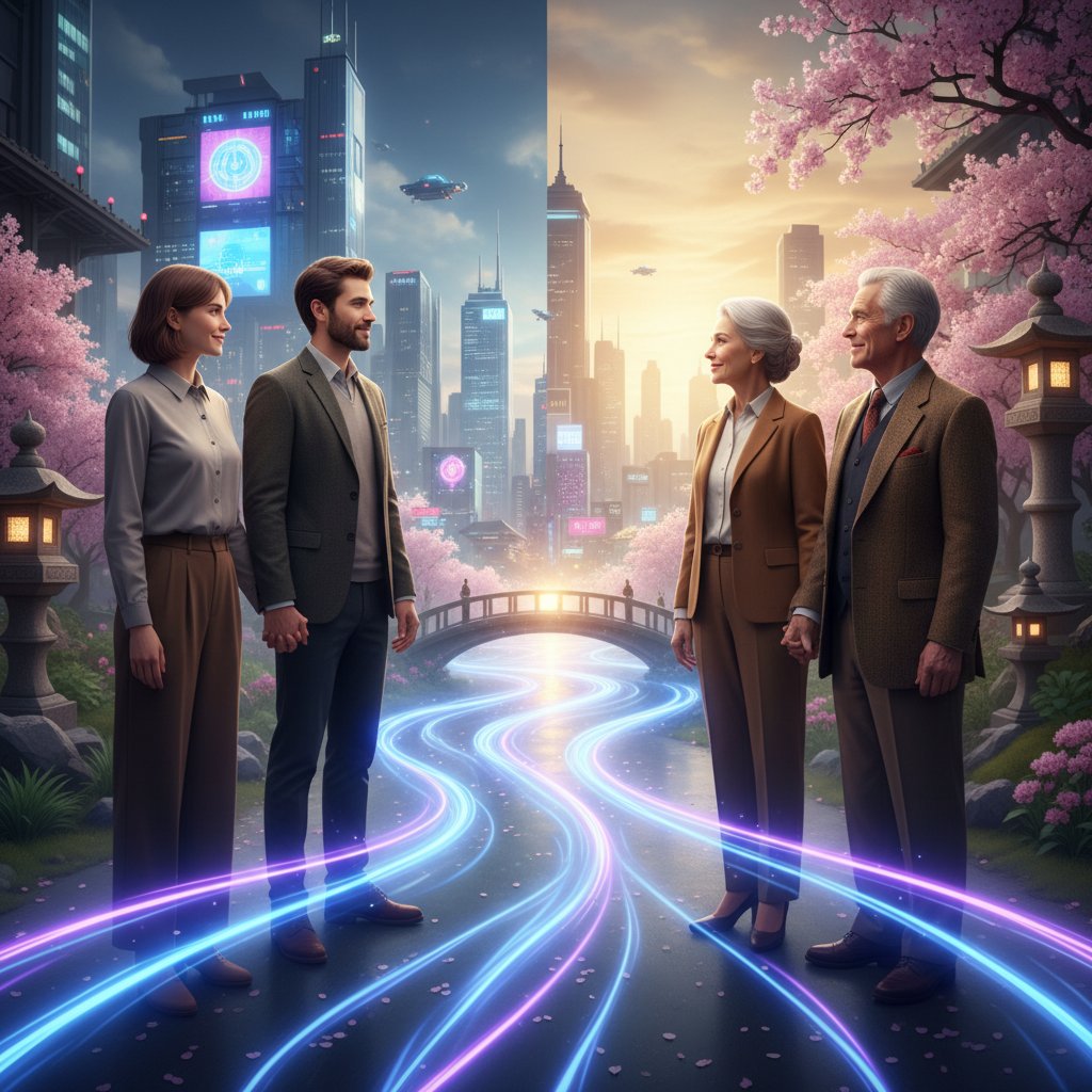 Split-screen photo of two couples from different generations, symbolizing changing relationship support norms