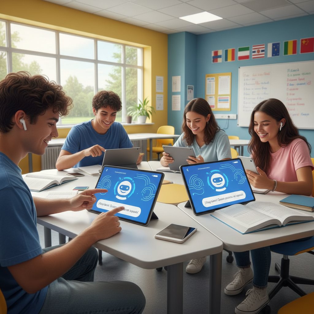 Nowa generacja uczniów korzystających z urządzeń mobilnych i interfejsu chatbota w jasnej sali lekcyjnej