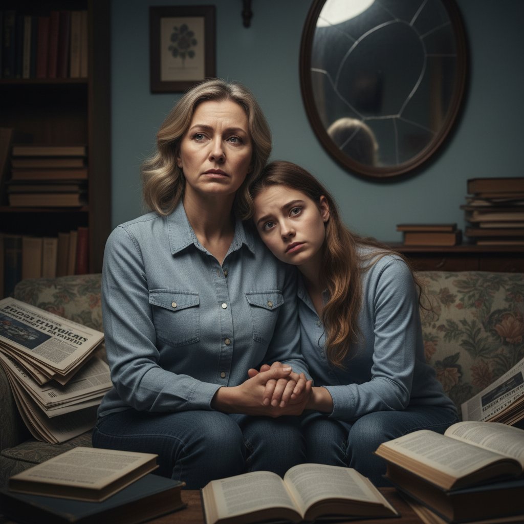 Dwie generacje: matka i córka, obie zamyślone, siedzące obok siebie – przekaz lęku międzypokoleniowy