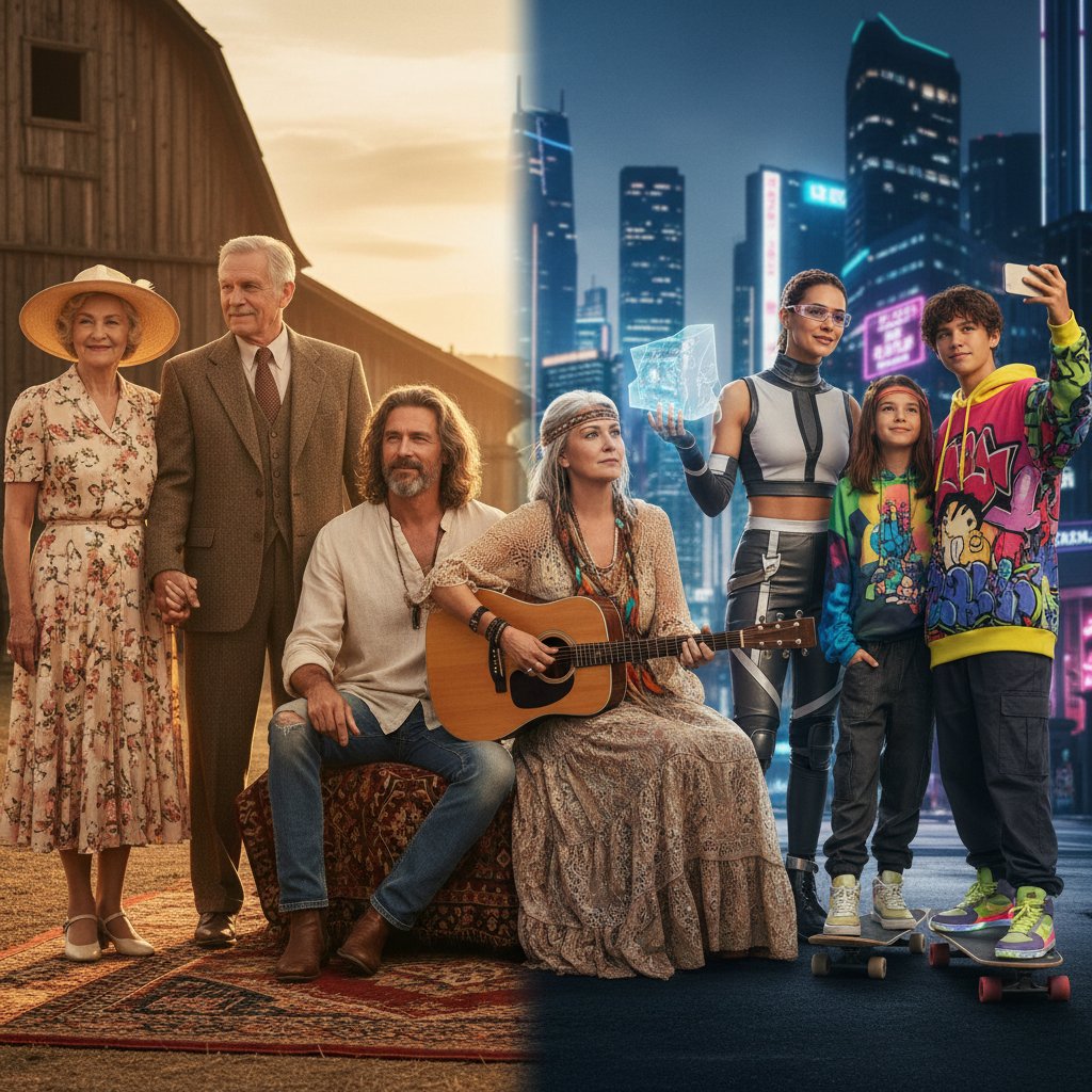 Starsza i młodsza para obok siebie, wyraźny kontrast stylów, pokoleniowa różnica