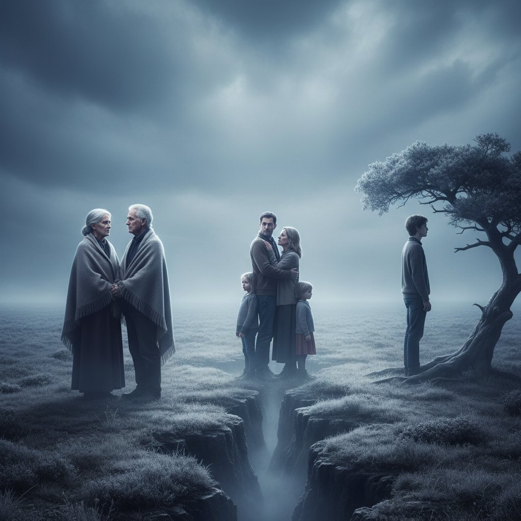 Pokolenia rodziny oddzielone dystansem – symbol dziedziczenia współuzależnienia, rodzinny portret, chłodne światło, dystans, pokolenia, współuzależnienie