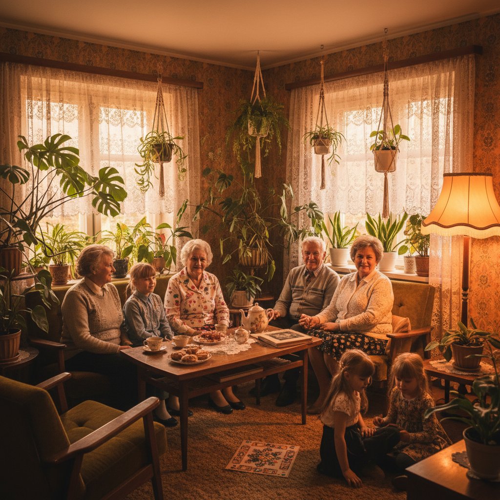 Pokolenia polskiej rodziny otoczone klasycznymi roślinami doniczkowymi w retro mieszkaniu – polska tradycja i nowoczesność