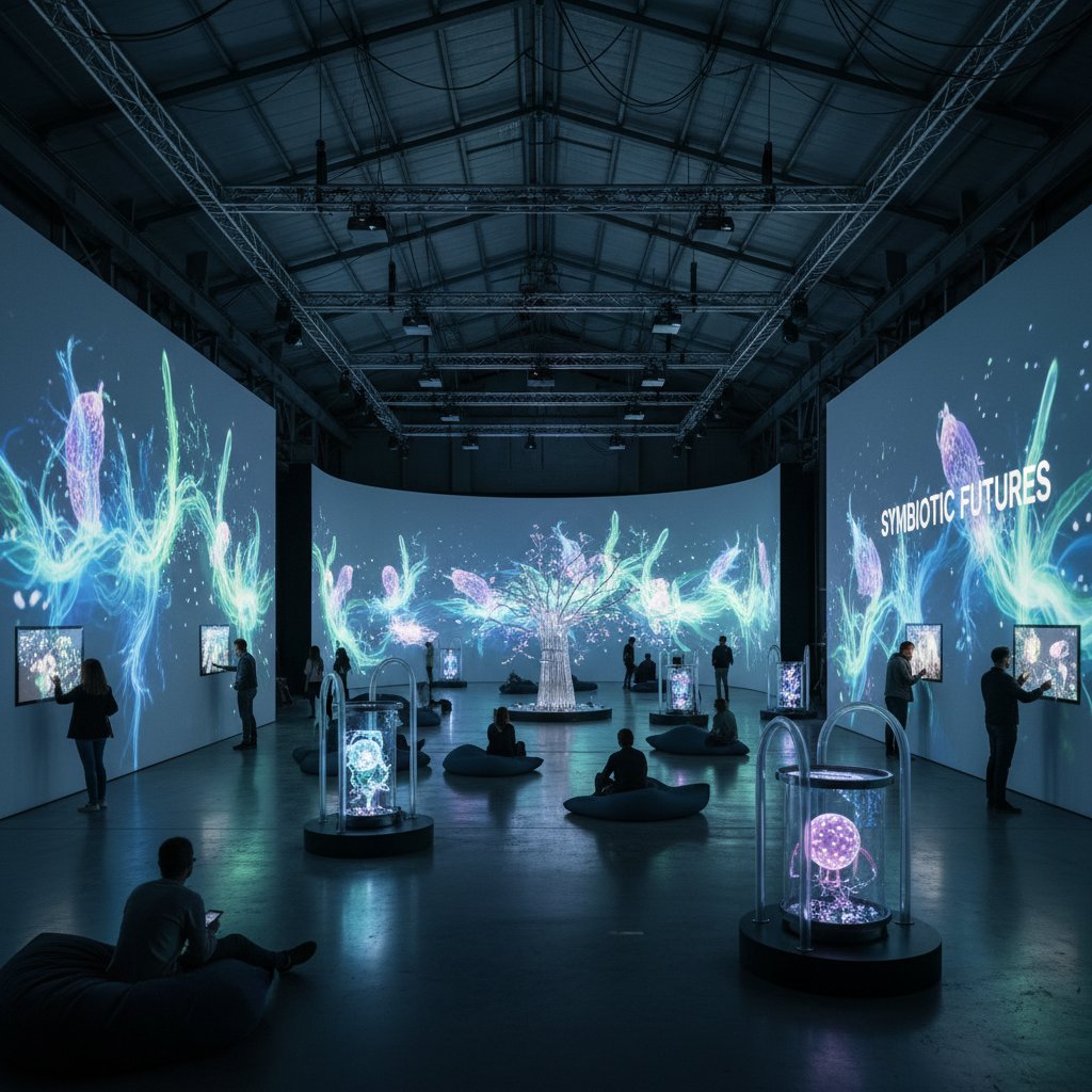 Wernisaż sztuki generatywnej: widownia ogląda cyfrowe obrazy stworzone przez sztuczne życie, atmosfera twórcza