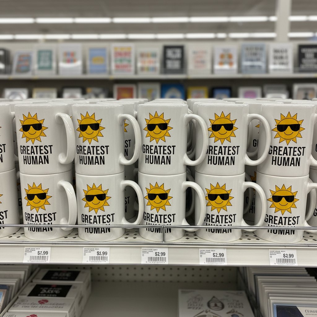 Prezent masowy, typowy kubek z sieciówki na tle innych podobnych upominków