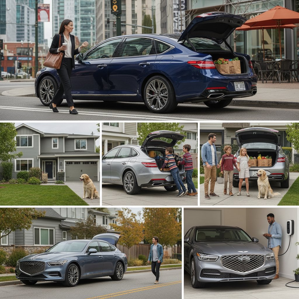 Montage of Genesis owners with their cars, urban and suburban scenes, daily routine reliability focus