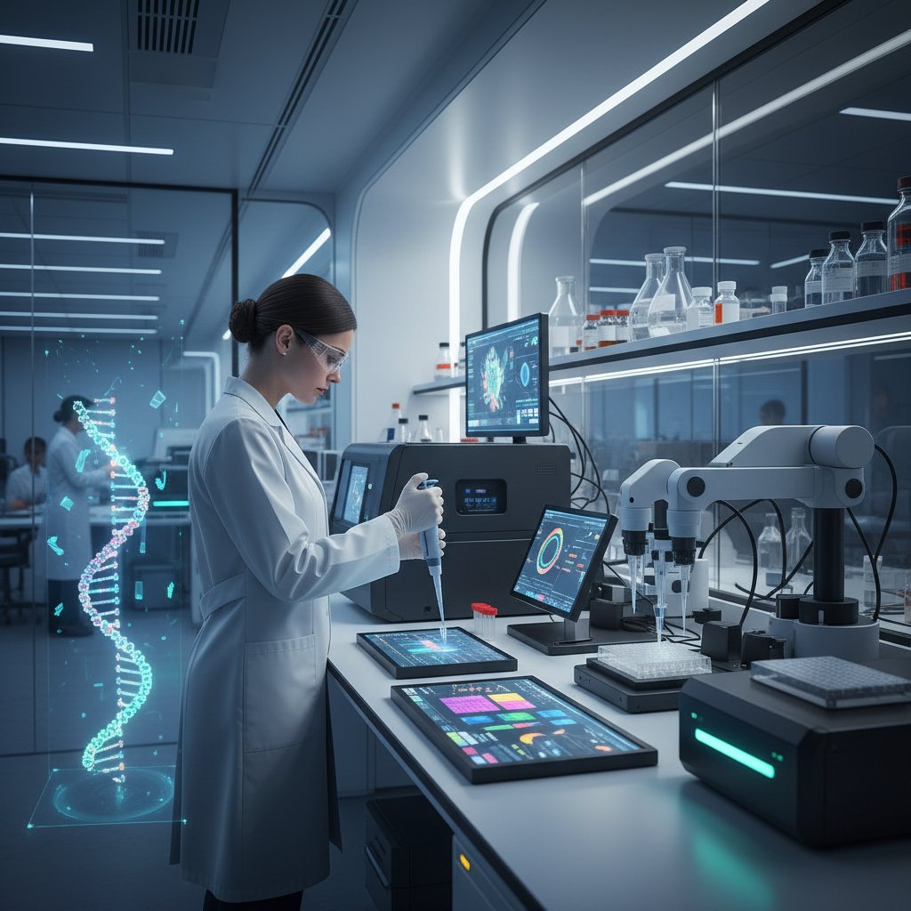 Laboratorium, analiza genetyczna, kobieta naukowiec przy mikroskopie, nowoczesne technologie