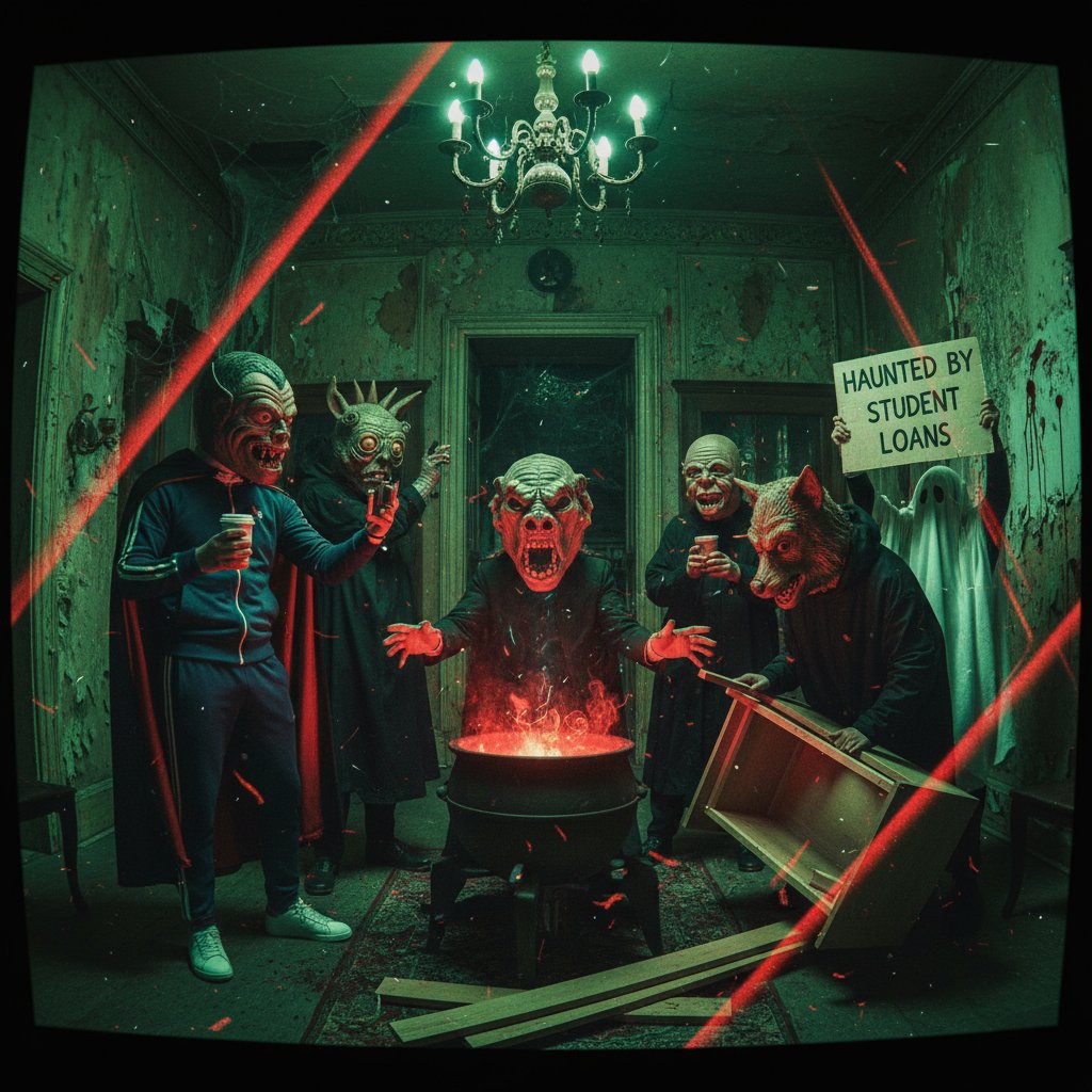 Surreal, genre-bending movie scene blending horror and comedy with satirical undertones; high-contrast, cinematic