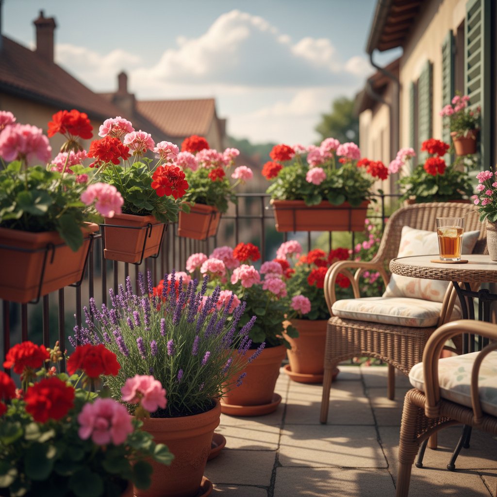 Kwitnące pelargonie i lawenda na południowym balkonie w mieście, ekspozycja na pełne słońce