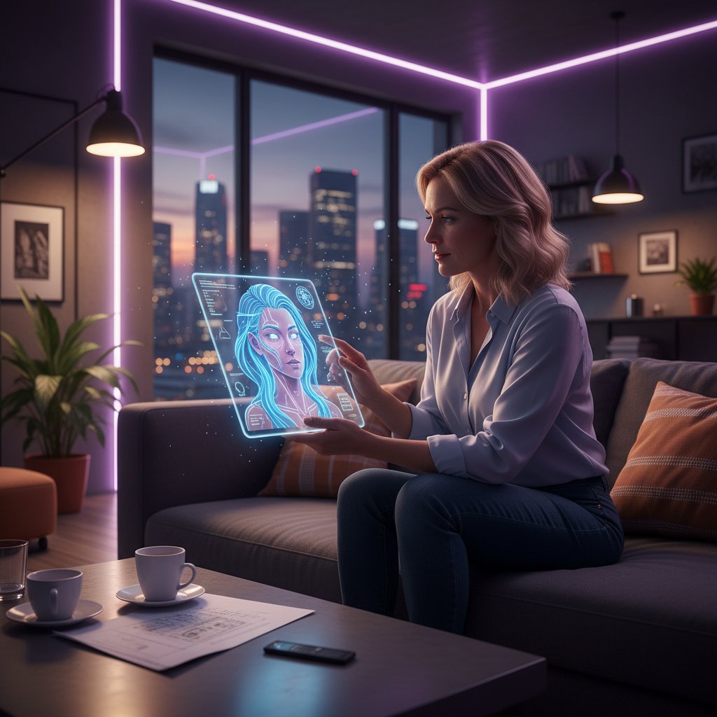 Junge deutsche Person im urbanen Apartment führt nächtliches Gespräch mit einer KI-Freundin über ein digitales Gerät – digitale Nähe, Einsamkeit und KI-Begleiterin