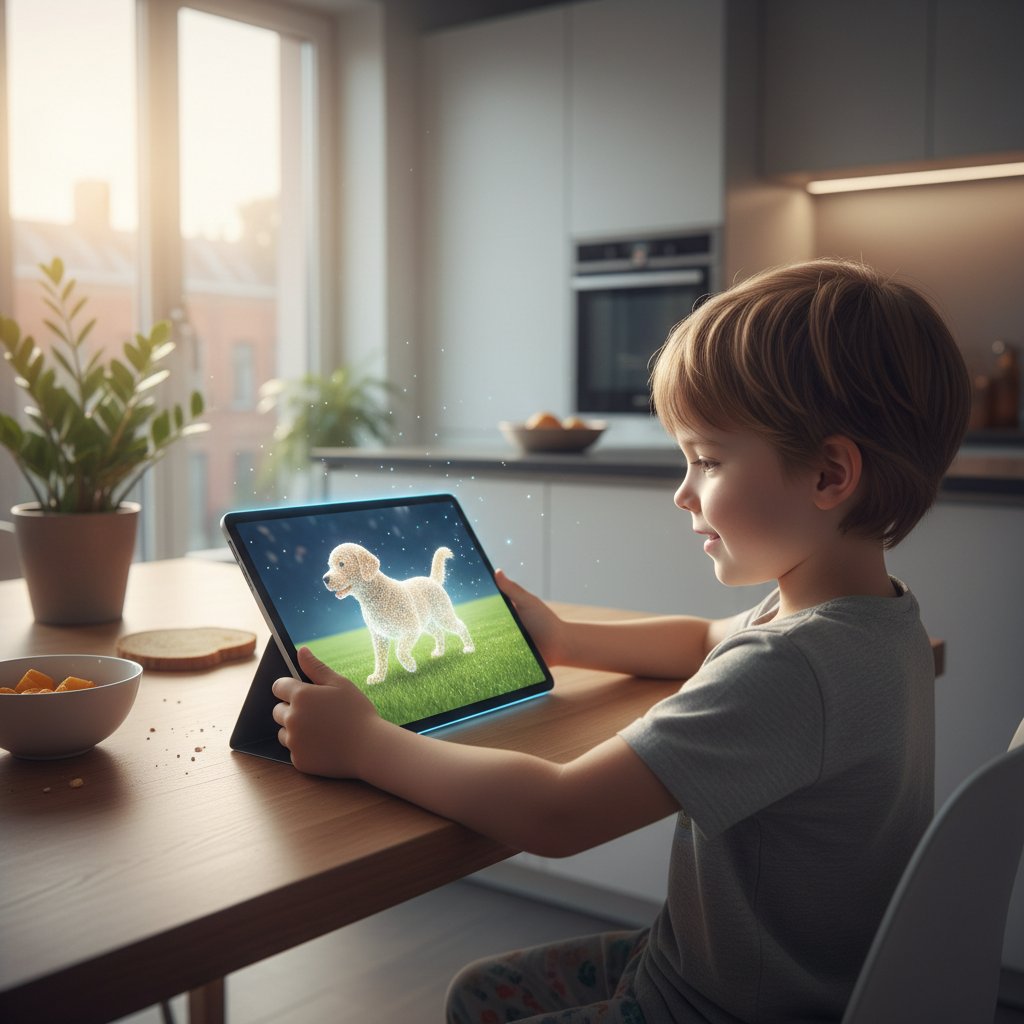 Kind spielt am Esstisch mit Tablet und virtuellem Hund, digitale Haustier-Simulation Verantwortung lernen