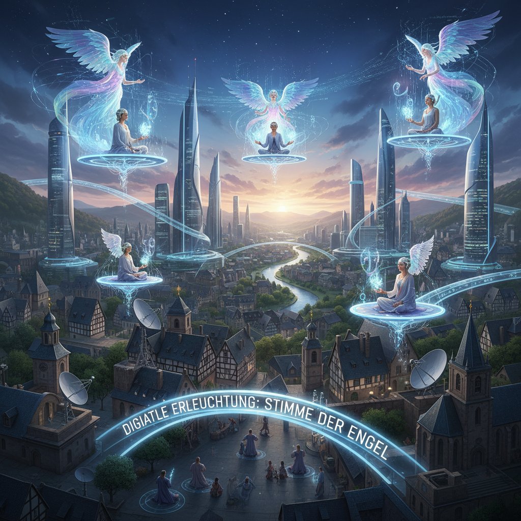 Spirituelle Szene: Deutsche Stadt, Menschen meditieren digital, Verbindung von Tradition und moderner Engelkommunikation