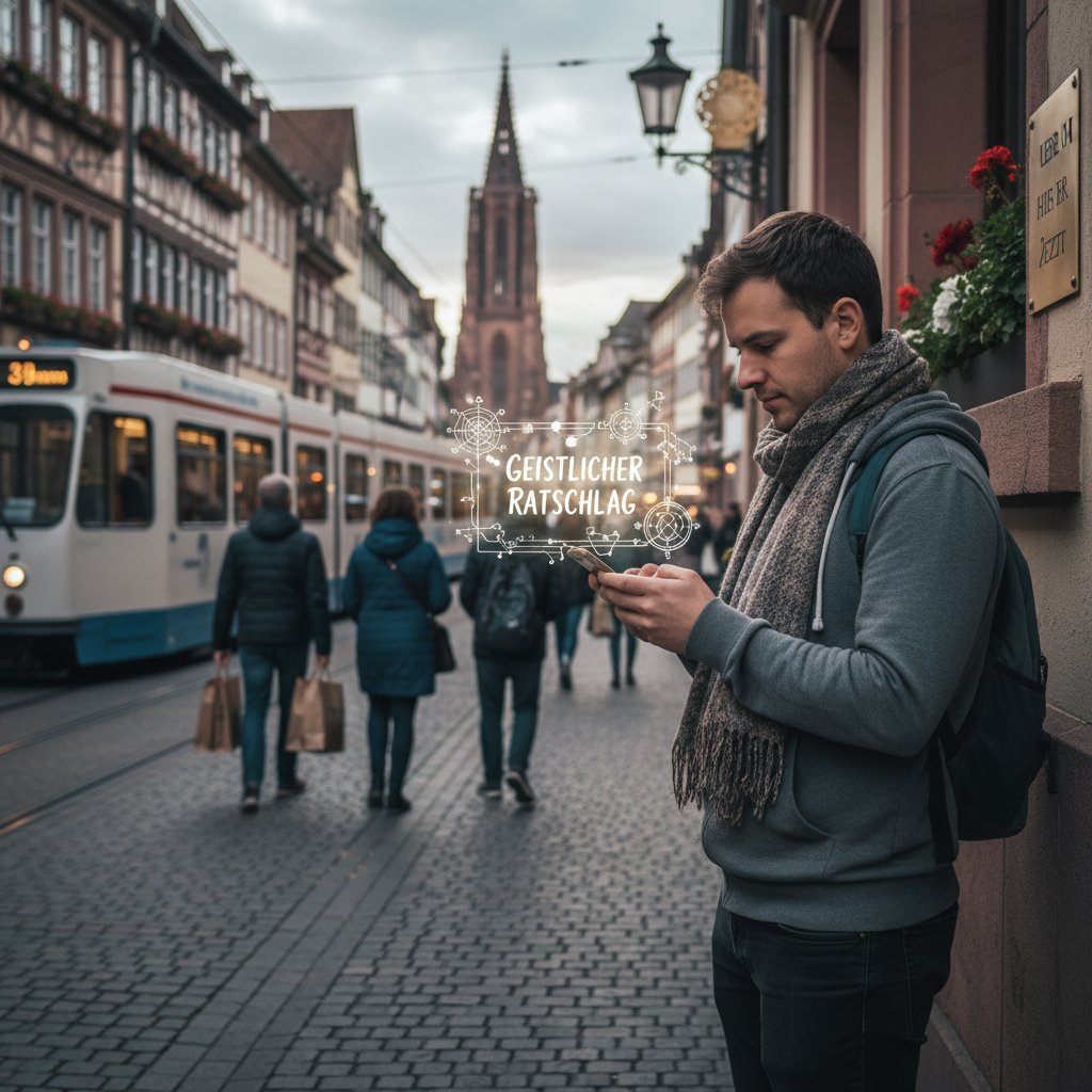 Deutsche Großstadt, Mensch mit Smartphone, spirituelle Beratung im urbanen Alltag, diskretes Interesse