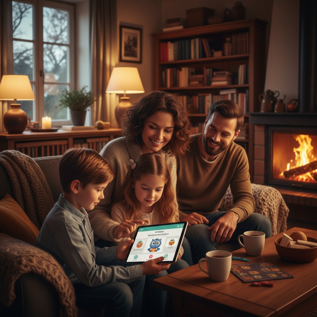 Familie nutzt KI-Nachhilfe zu Hause, gemütliche Atmosphäre, Tablet auf dem Wohnzimmertisch