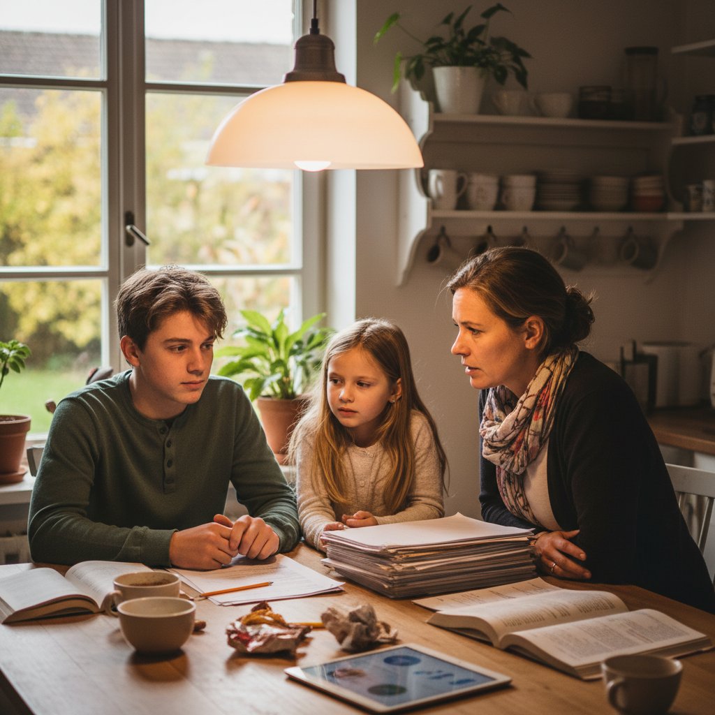 Deutsche Familie diskutiert Nachhilfeerfahrungen am Küchentisch – echte Einblicke in den Alltag.