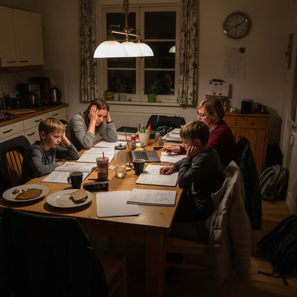 Gestresste Mutter unterstützt Kind bei Hausaufgaben am späten Abend