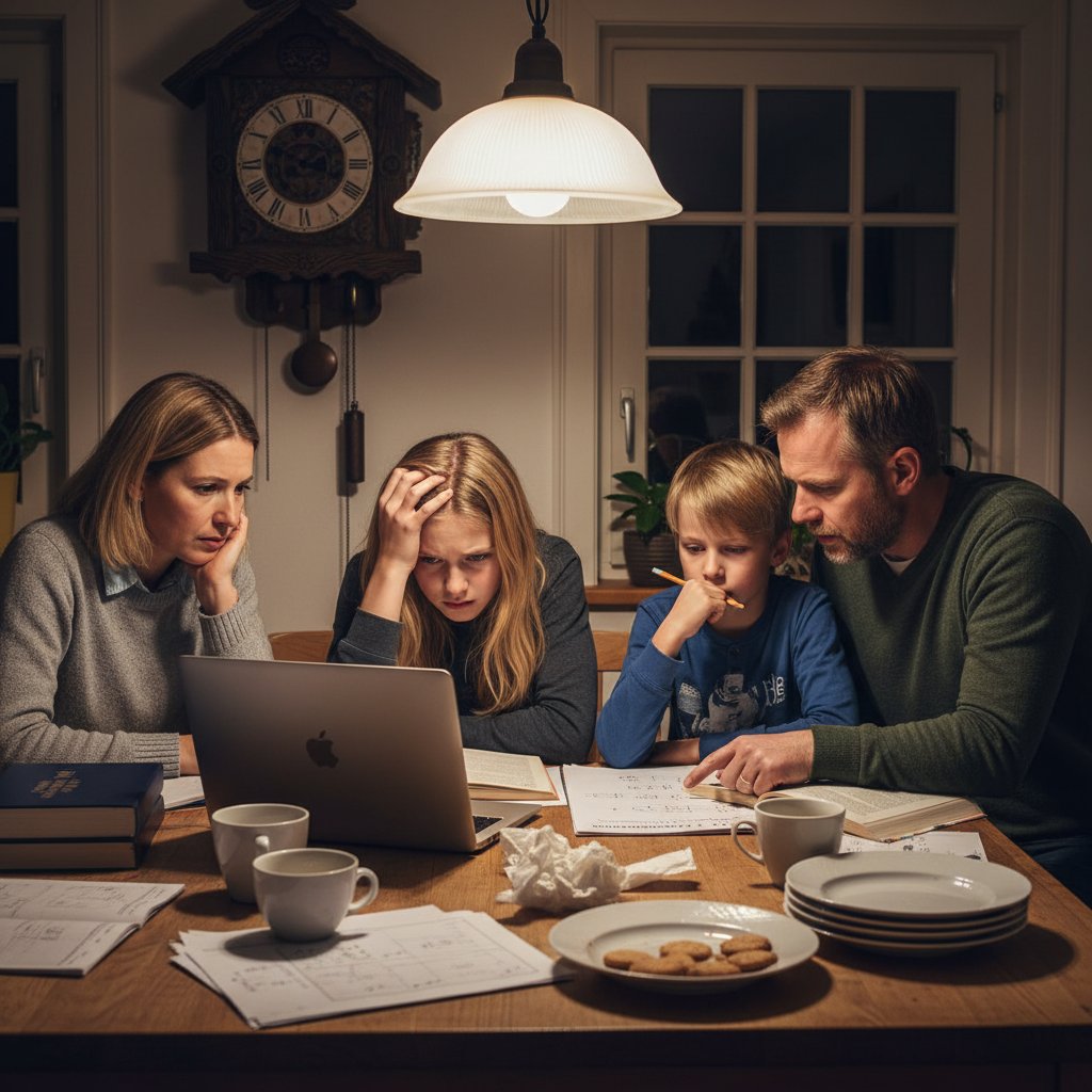 Familienstress bei Hausaufgaben in Deutschland: Ein Schüler am Laptop, Eltern mit angespannten Gesichtern, eine Uhr im Hintergrund.