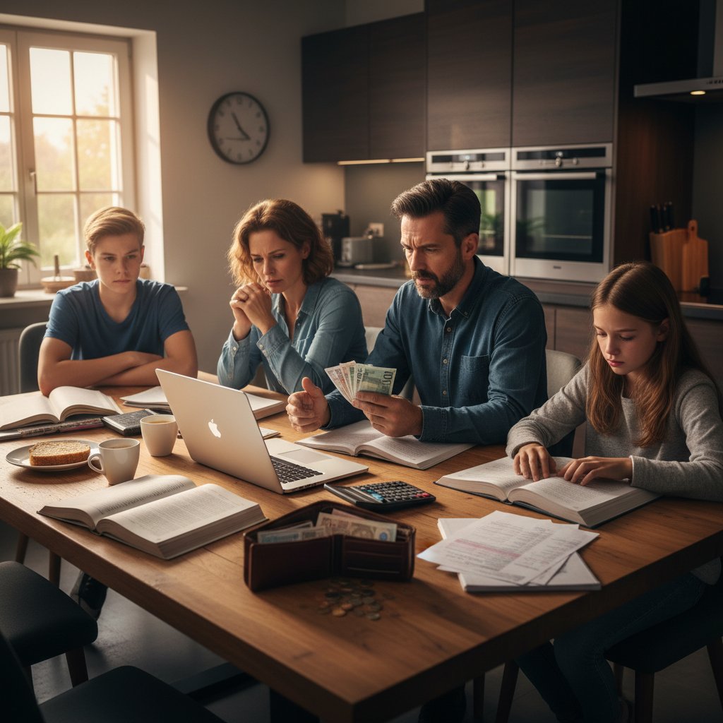 Deutsche Familie am Küchentisch diskutiert Nachhilfekosten, Schulbücher und Laptop sichtbar, emotionale Anspannung