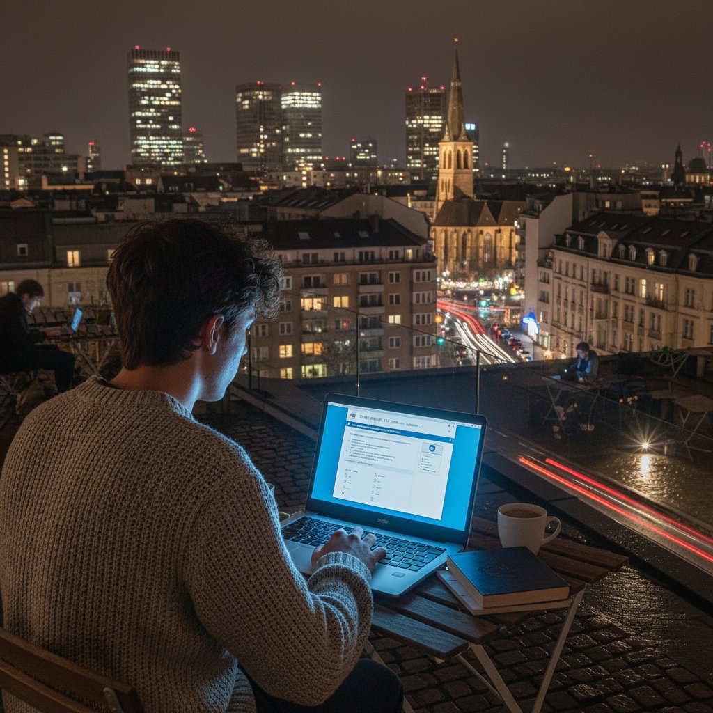 Studentka przy laptopie podczas egzaminu goethe online w domowym zaciszu, napięta atmosfera, intensywne skupienie