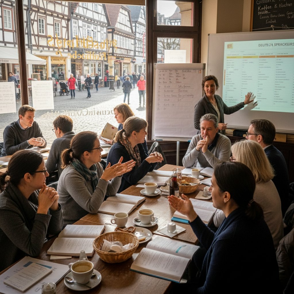 Grupa osób na warsztatach językowych, uśmiechy, intensywna nauka niemieckiego w realnym środowisku
