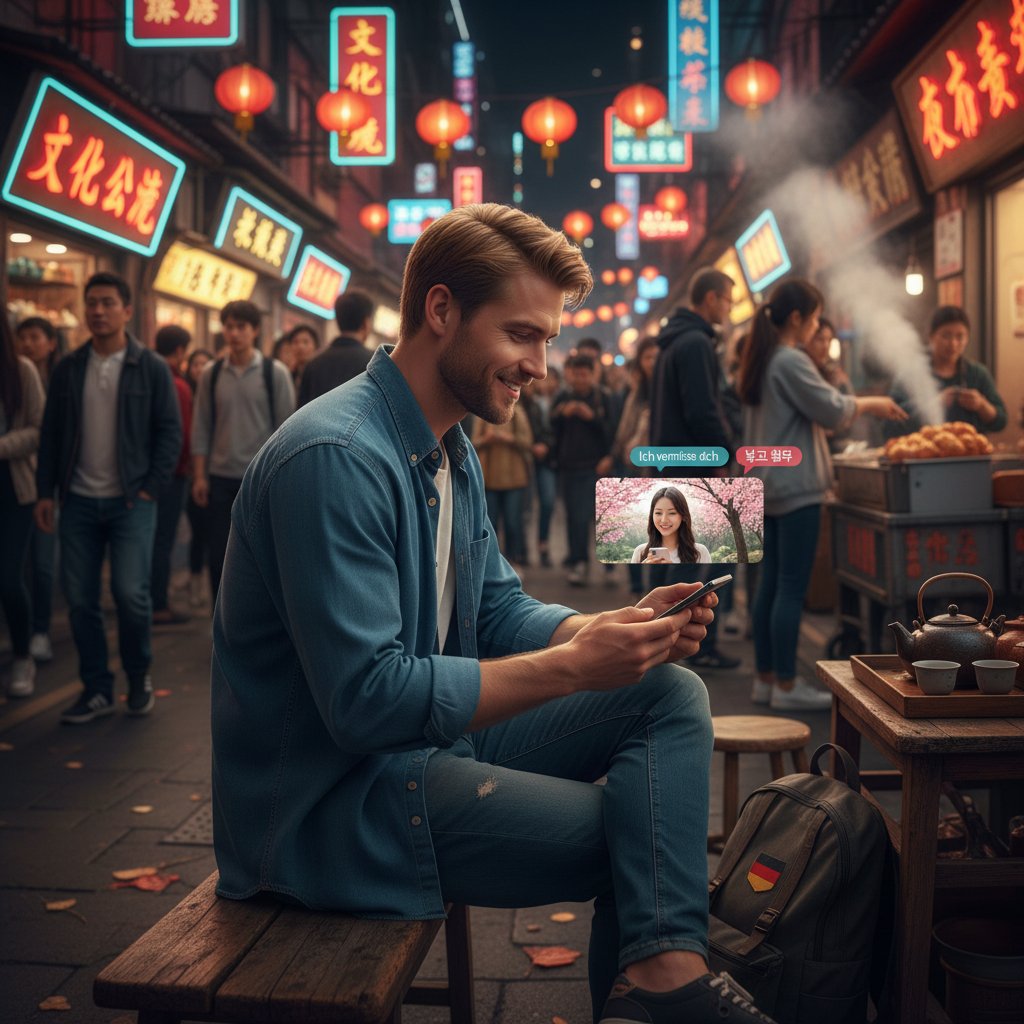 Deutscher Mann mit Smartphone, asiatische Großstadt im Hintergrund, symbolisiert kulturelle Unterschiede
