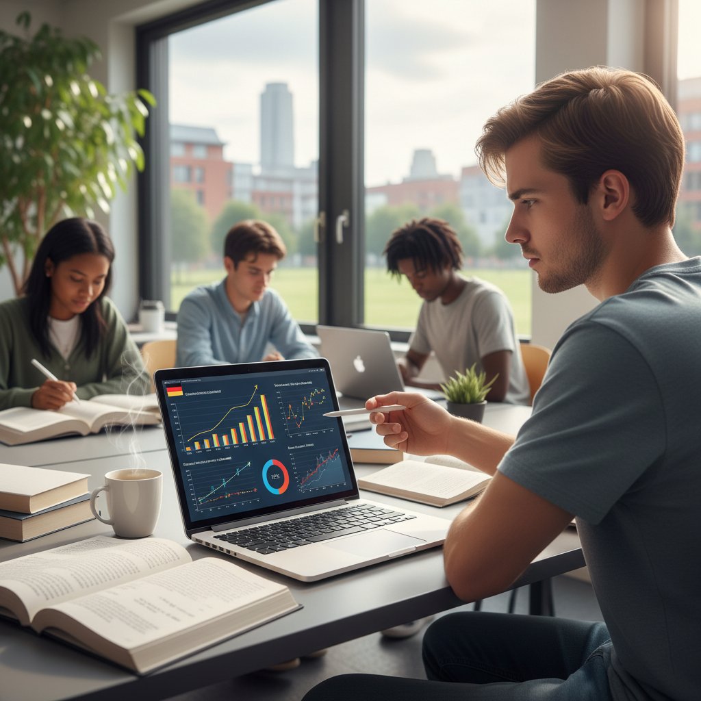Użytkownik analizujący swoje postępy z niemieckiego na laptopie, wykresy i raporty