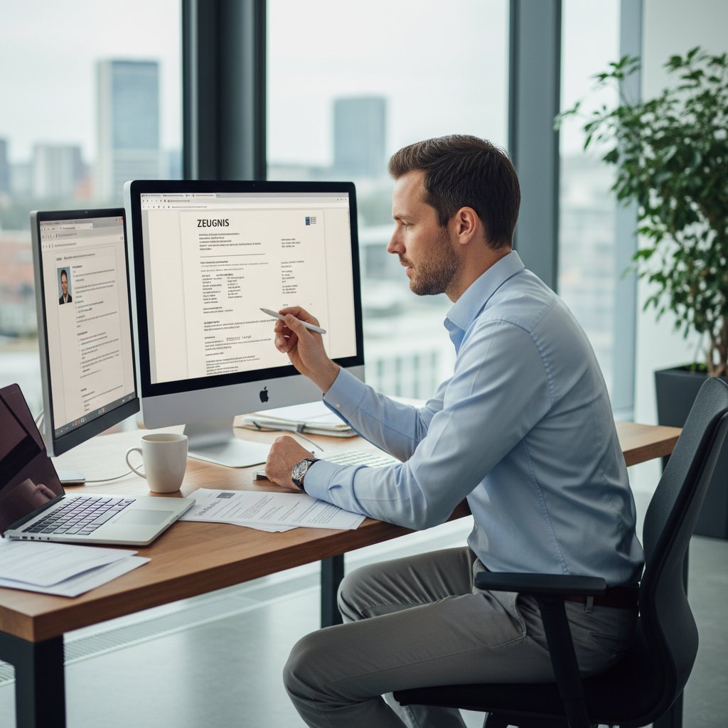Rekruter z Niemiec analizuje certyfikat niemieckiego przesłany online, biuro, ekran komputera, dokument