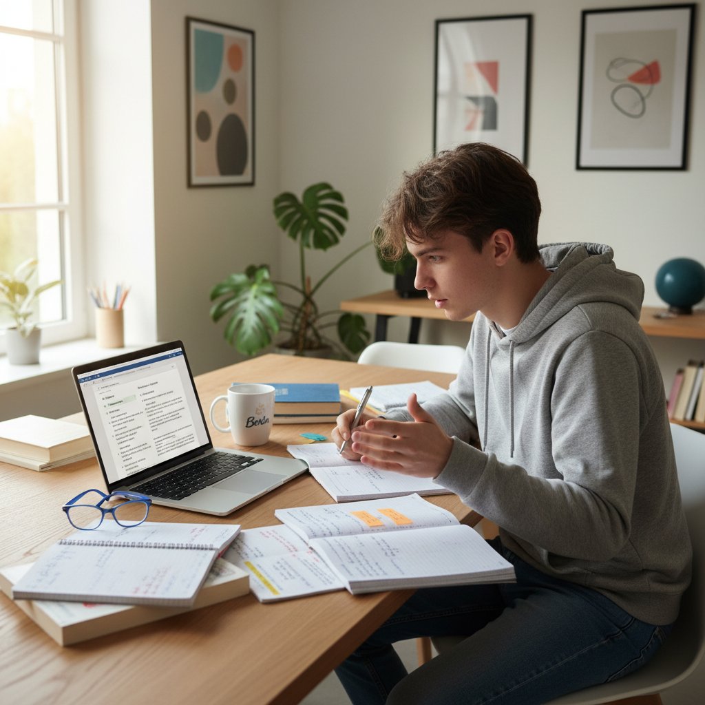 Schülerin am Tisch analysiert Lernziele mit Laptop und Notizen, Tageslicht, modernes Zimmer