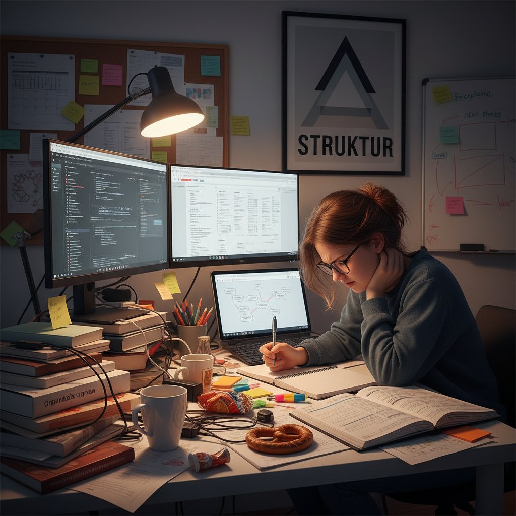 Junger Mensch vor Laptop mit verteilten Notizen und digitalem Planungs-Tool, Symbol für Erwartungen und Realität beim Online-Lernen