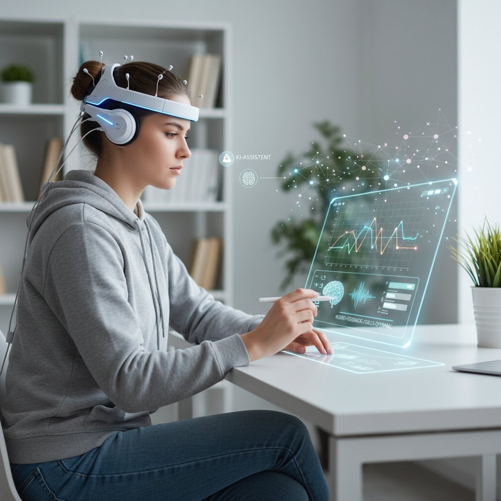 Schüler mit EEG-Headset und Tablet, moderne Tech-Lernumgebung, KI und Neurofeedback
