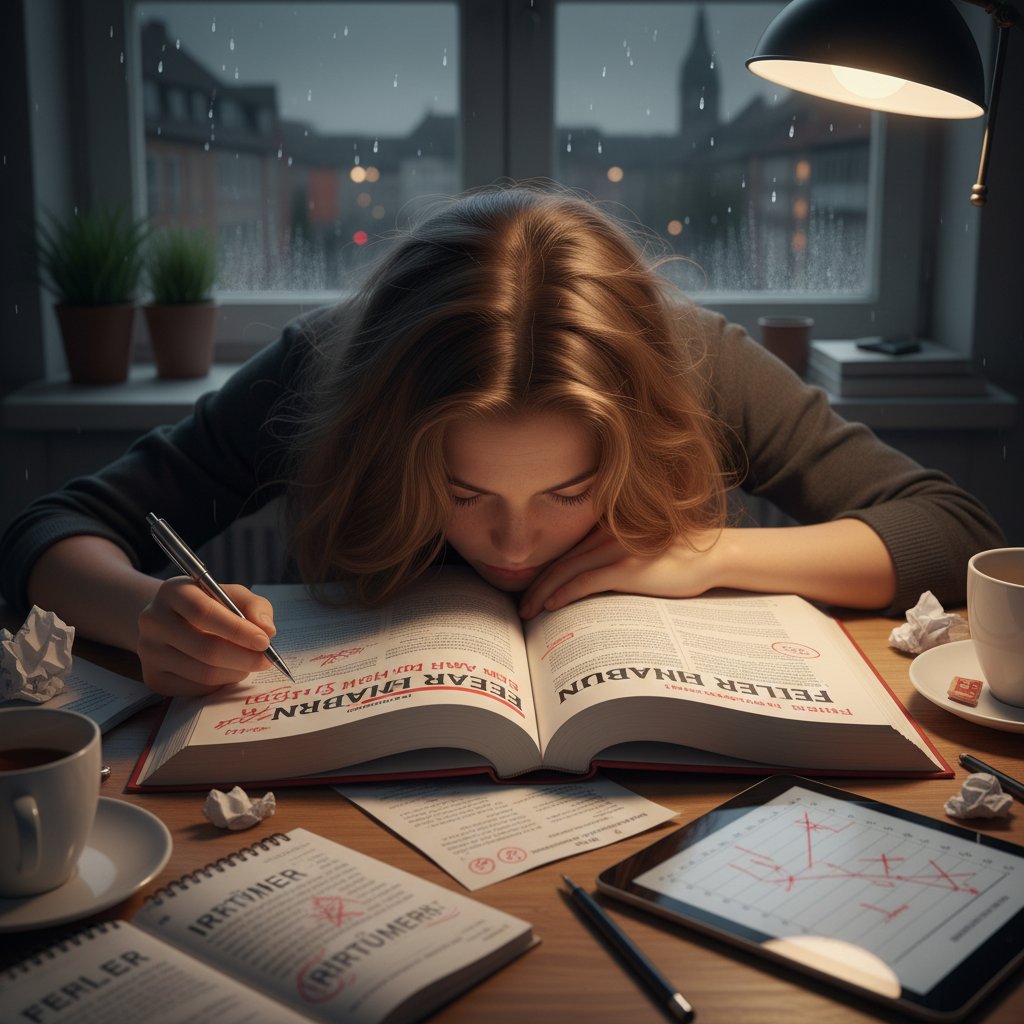 Schülerin mit Kopf auf dem Buch, Symbol für typische Lernfehler