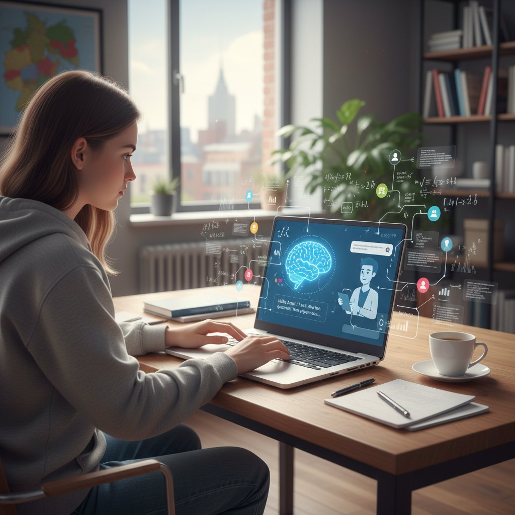 Porträt einer Schülerin, die mit ihrem Laptop mit einem KI-Tutor interagiert – Symbol für personalisierte KI-Nachhilfe