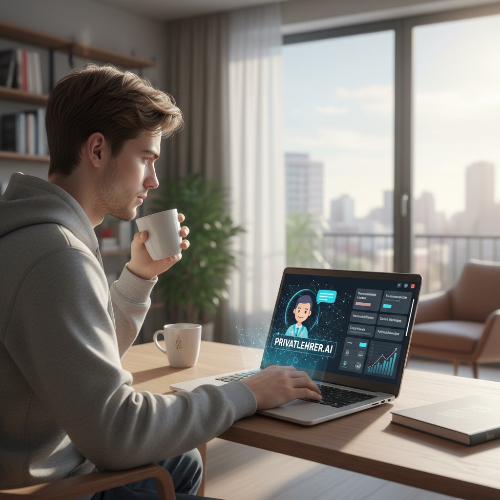Privatlehrer.ai-Plattform auf Laptop, Jugendliche arbeiten fokussiert, Lernhilfe modern und individuell
