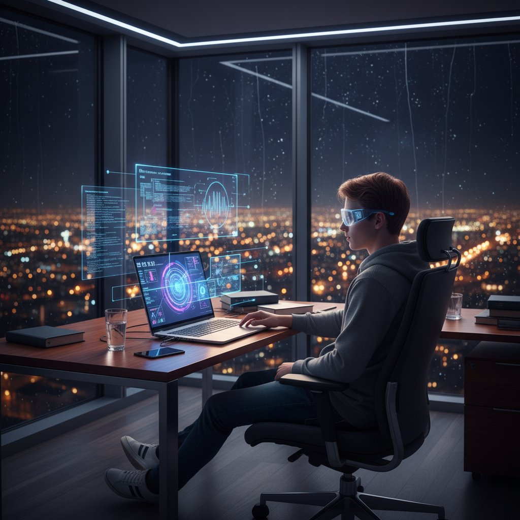 Schüler am Laptop mit KI-Interface, Hoffnung und Anspannung in nächtlicher Lernatmosphäre, günstige Nachhilfe online