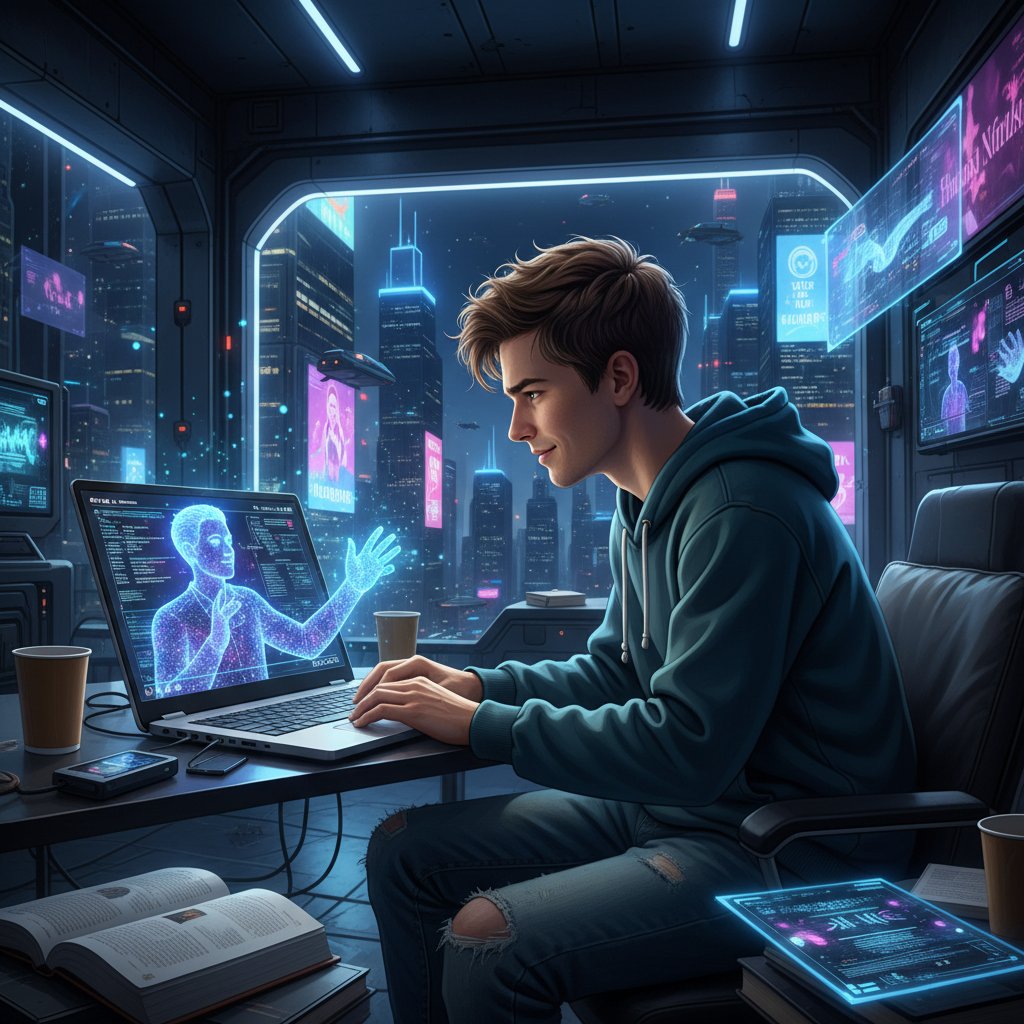 Jugendlicher arbeitet nachts am Laptop mit KI-Avatar im urbanen Zimmer, Motivation und Erleichterung im Gesicht