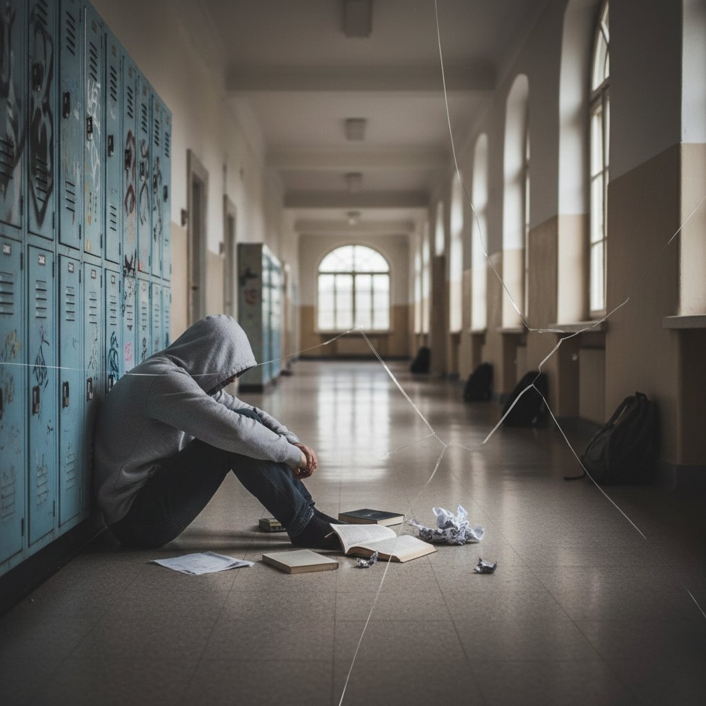 Ein Schüler sitzt allein im Flur einer deutschen Schule, Symbol für Isolation und psychische Belastungen