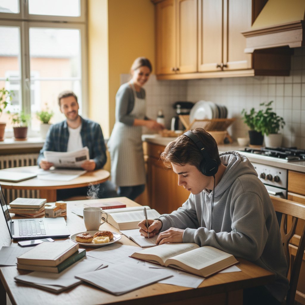 Deutscher Schüler lernt am Küchentisch, Eltern im Hintergrund – echte Nachhilfesituation, alternative Methoden