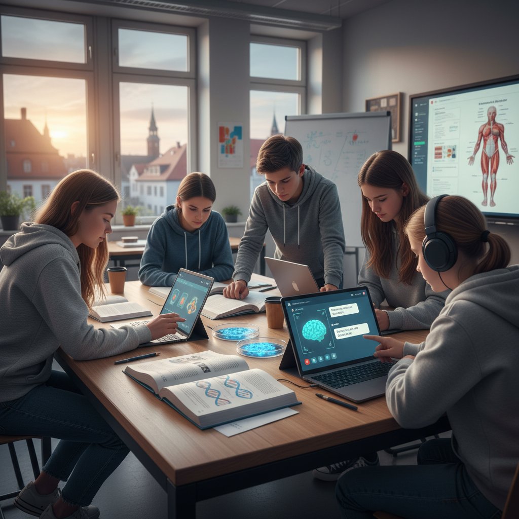Drei verschiedene Jugendliche: einer lernt mit KI-Tutor, einer mit Gruppenkurs, einer mit Privatlehrer, alle mit Biologie-Materialien, Biologie Nachhilfe online