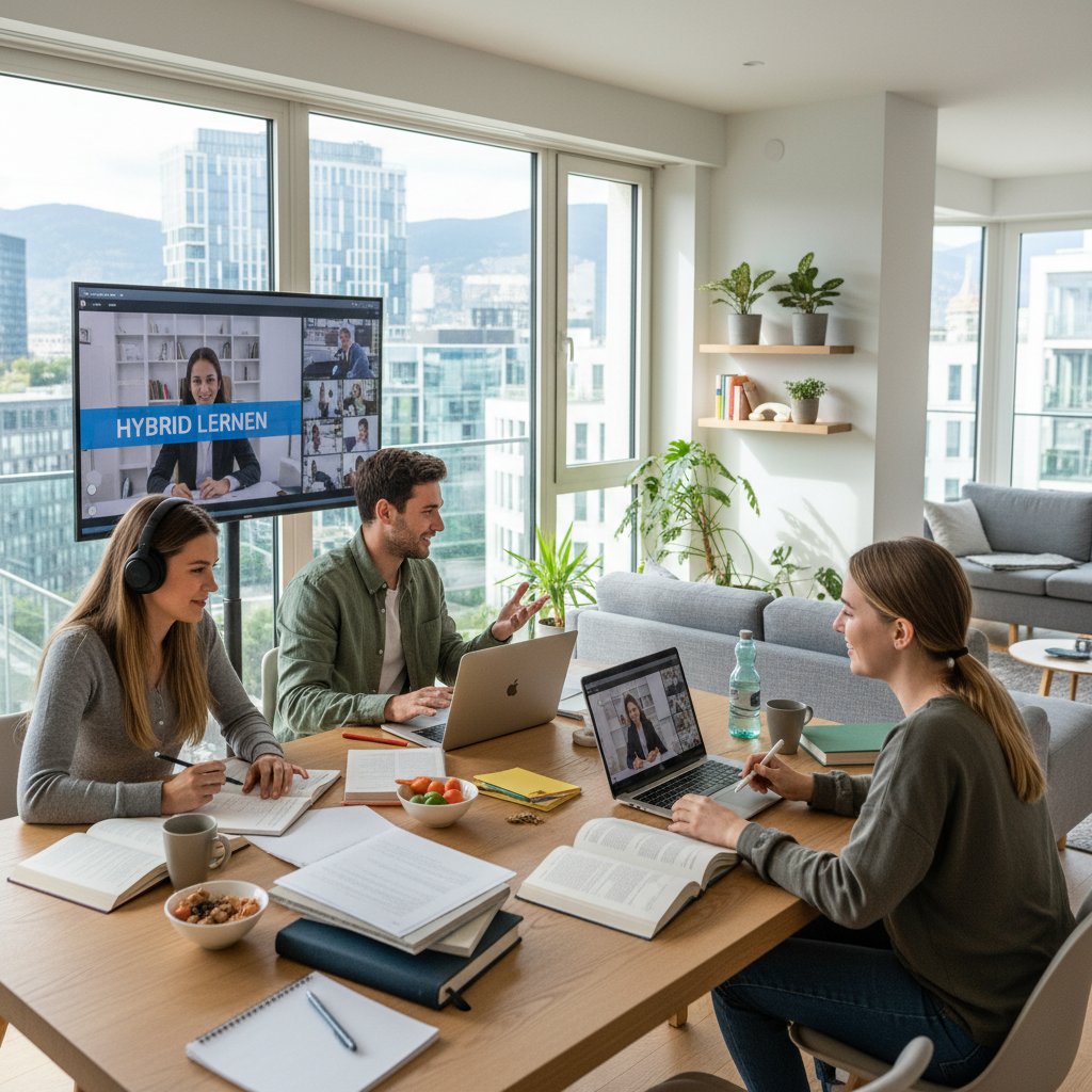 Junge Erwachsene lernen gemeinsam am Laptop, Notizbücher, hybride Lernumgebung, moderne Wohnung, Motivation sichtbar