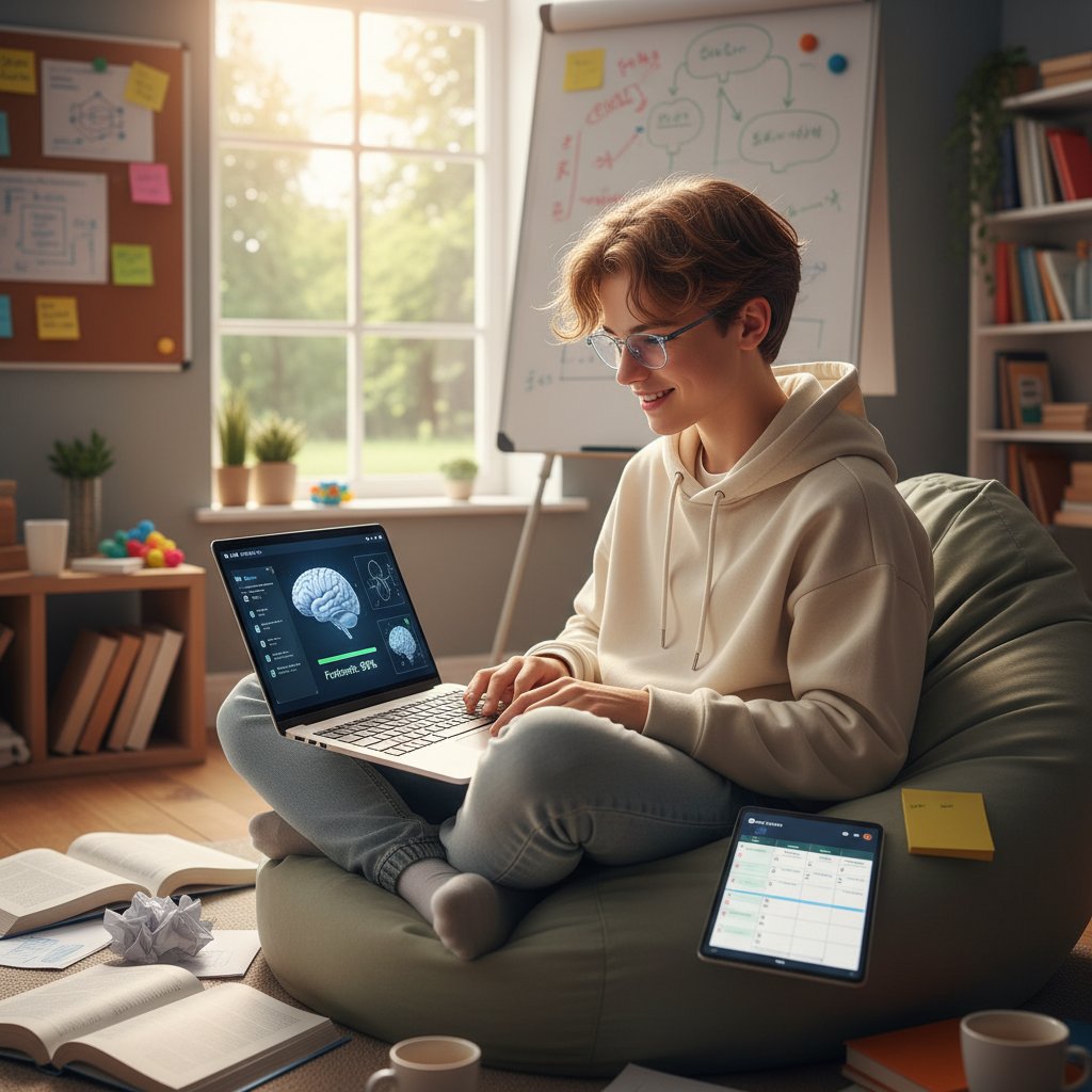 Eine Jugendliche mit ADHS nutzt einen Laptop und freut sich über einen Lernerfolg – Symbol für neurodiverse Chancen digitaler Lernhilfe