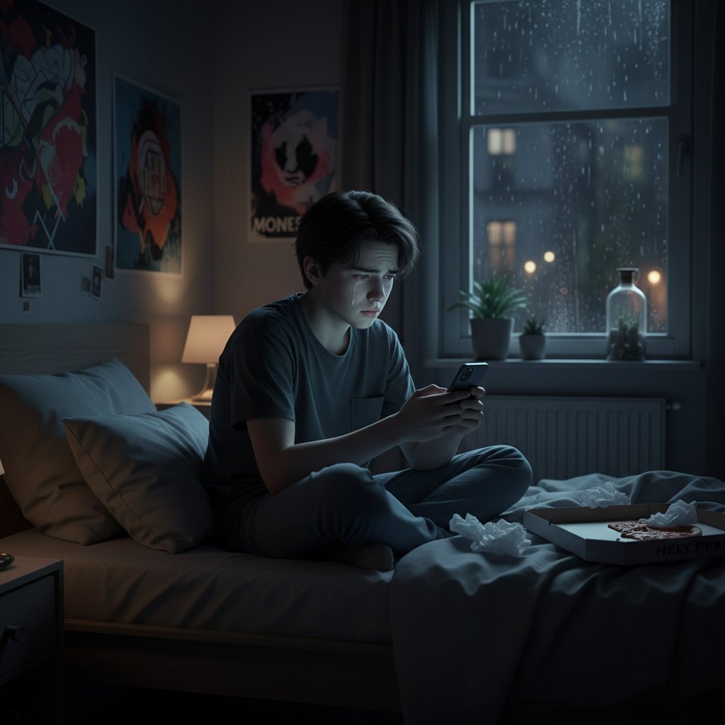 Jugendlicher sitzt nachts allein auf dem Bett, nur vom Smartphone erleuchtet, Ausdruck von emotionaler Belastung, digitale Beratung als Thema