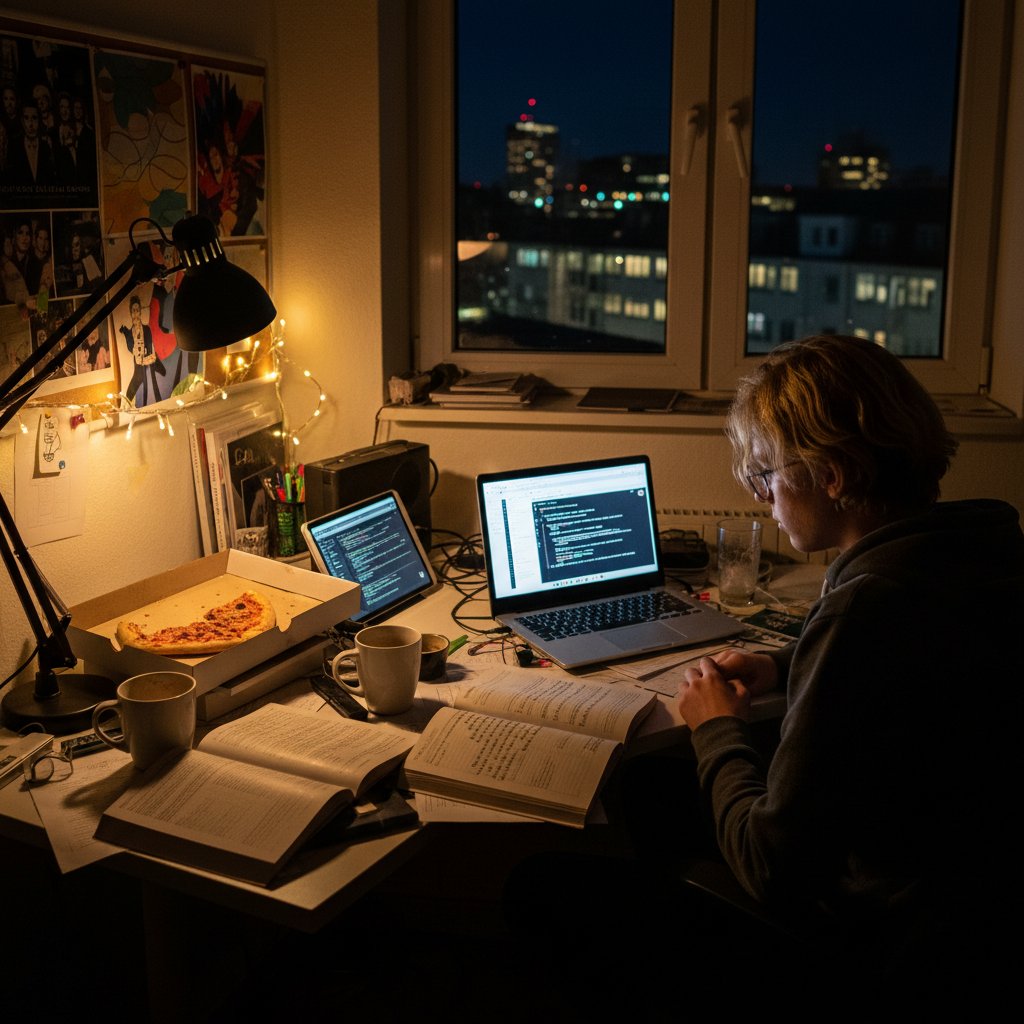 Eine deutsche Schülerin sitzt nachts an einem chaotischen Schreibtisch mit Laptop und Büchern, kämpft mit Lernproblemen und Online-Nachhilfe