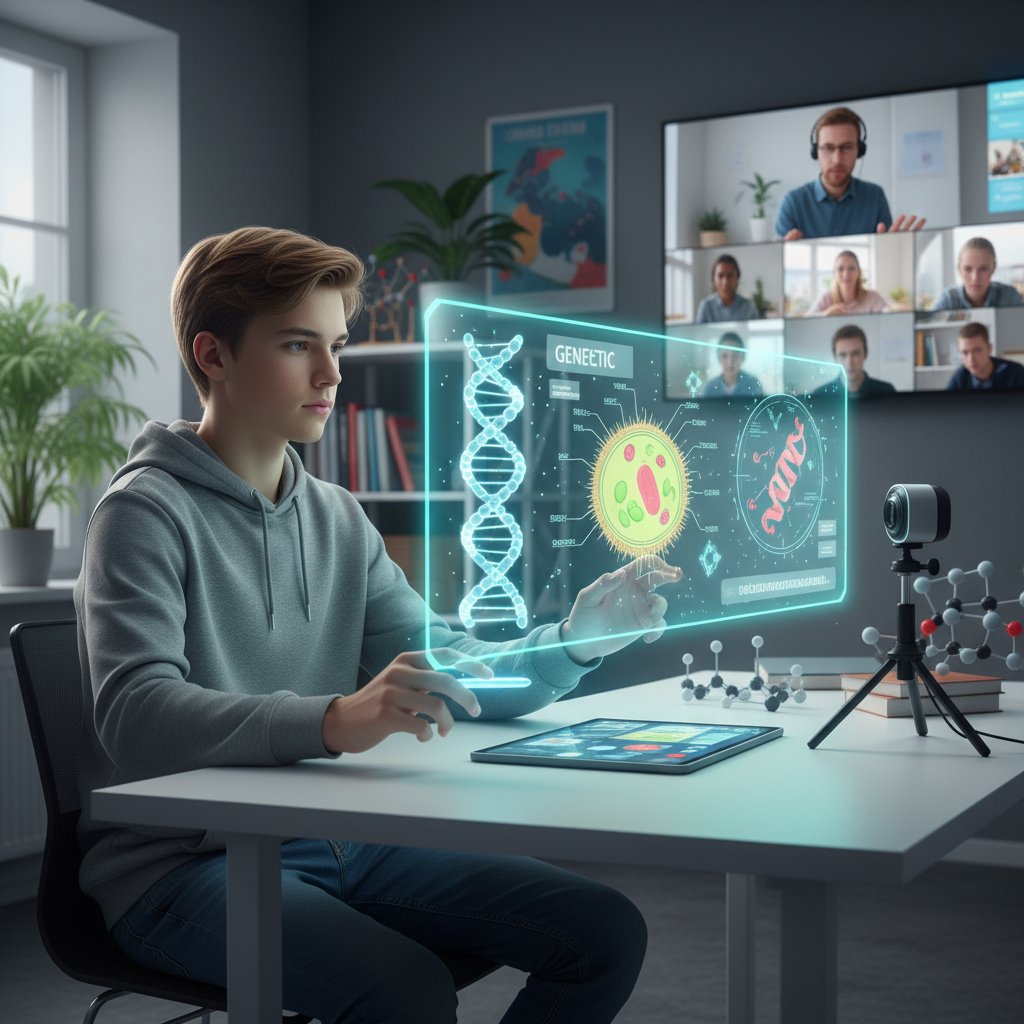 Jugendlicher am Laptop, Biologiebilder als Hologramme, motiviert, digitaler Unterricht, Biologie Nachhilfe online