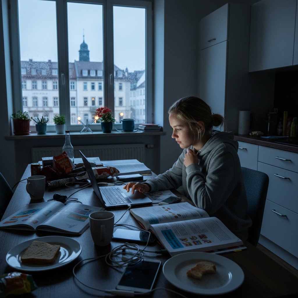Jugendlicher am Laptop am Küchentisch, Licht vom Bildschirm, Schulhefte, digitale Geräte – symbolisiert digitale Nachhilferevolution in Deutschland