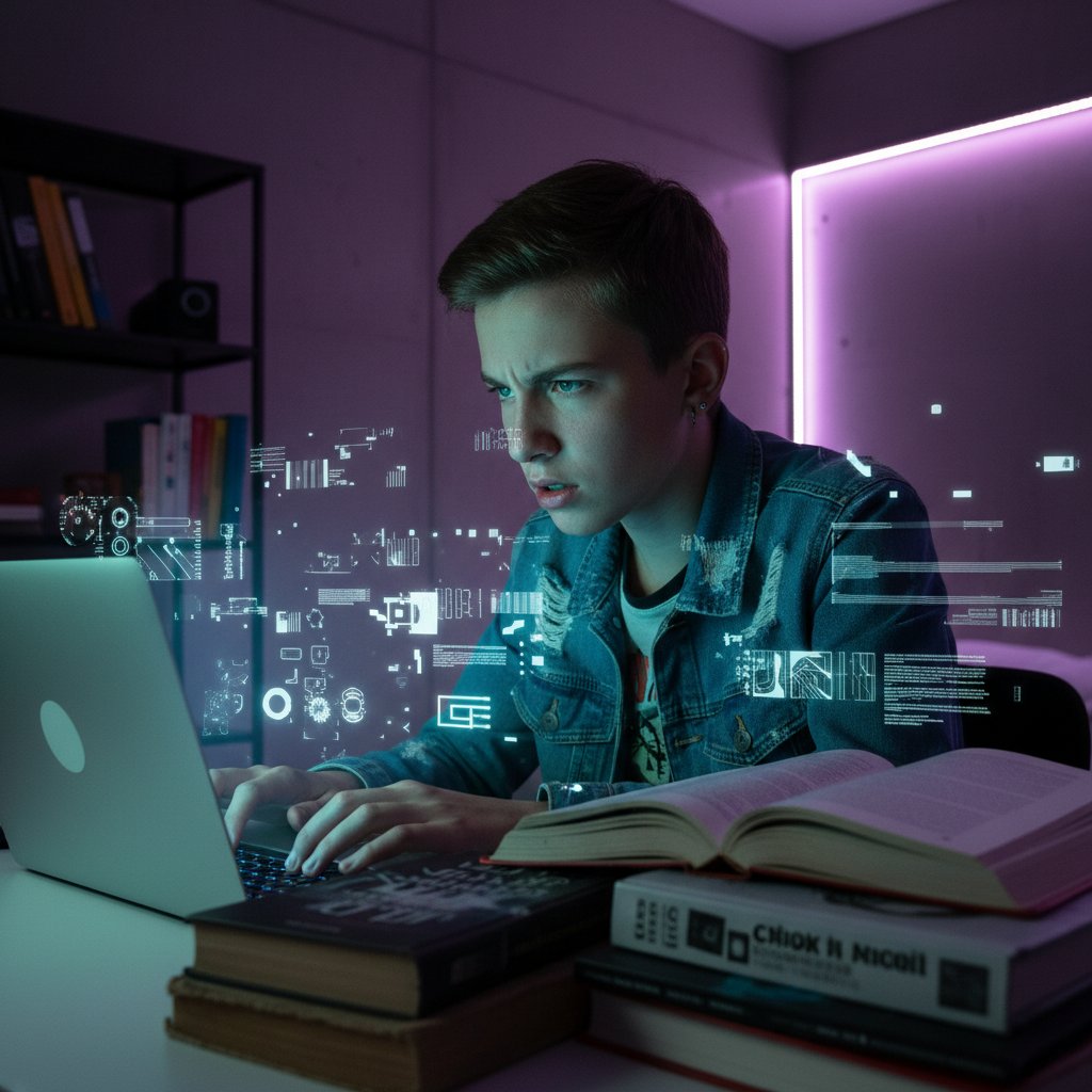 Jugendlicher sitzt nachts am Schreibtisch, Laptop mit Online Nachhilfe, Spannung im Raum, digitale Symbole