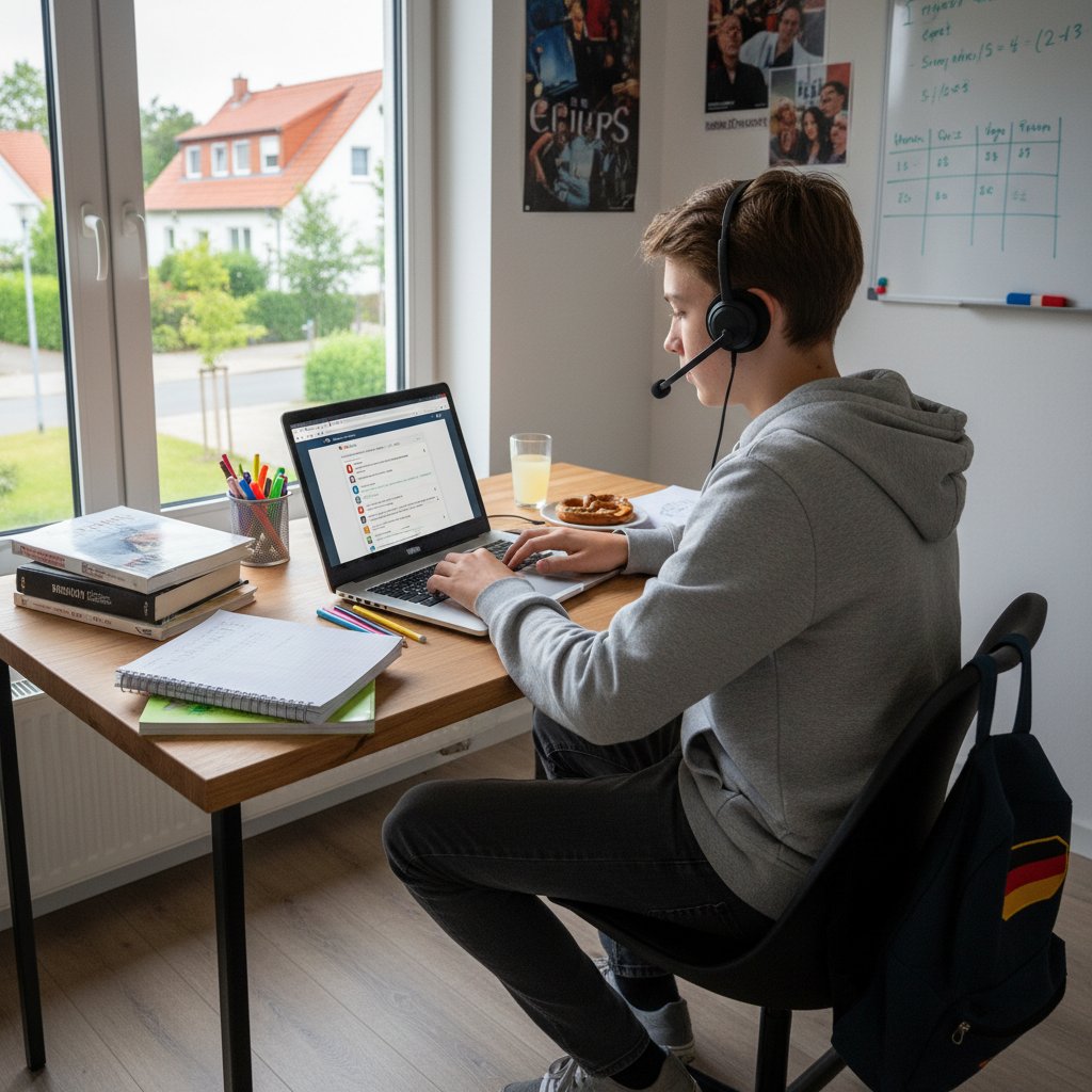 Ein Jugendlicher schaut nachdenklich auf seinen Laptop, während er einen Selbst-Check zur digitalen Lernhilfe macht