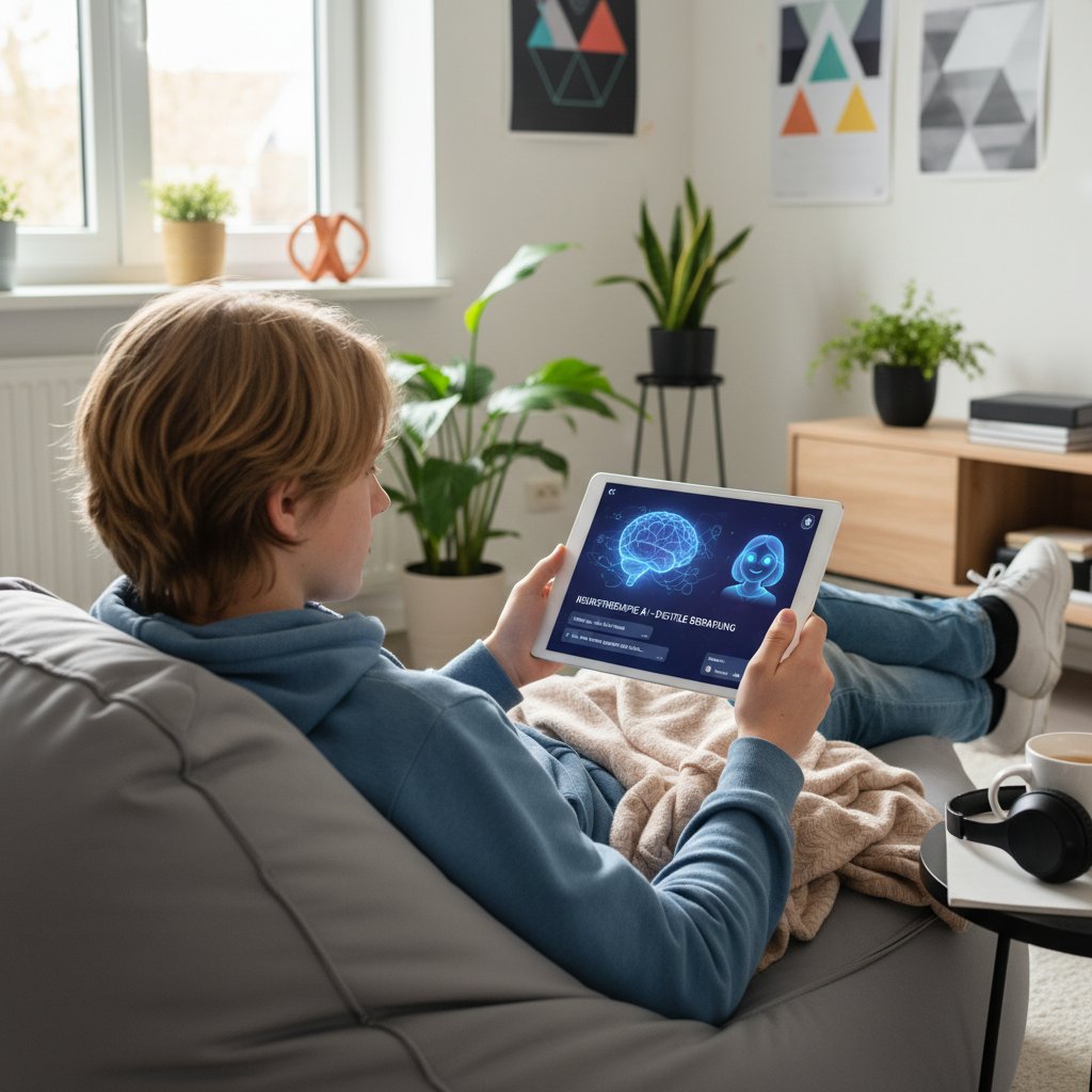 Symbolfoto: Jugendliche Person nutzt Tablet für Online-Beratung, moderne Benutzeroberfläche sichtbar, Fokus auf digitale Therapie und KI