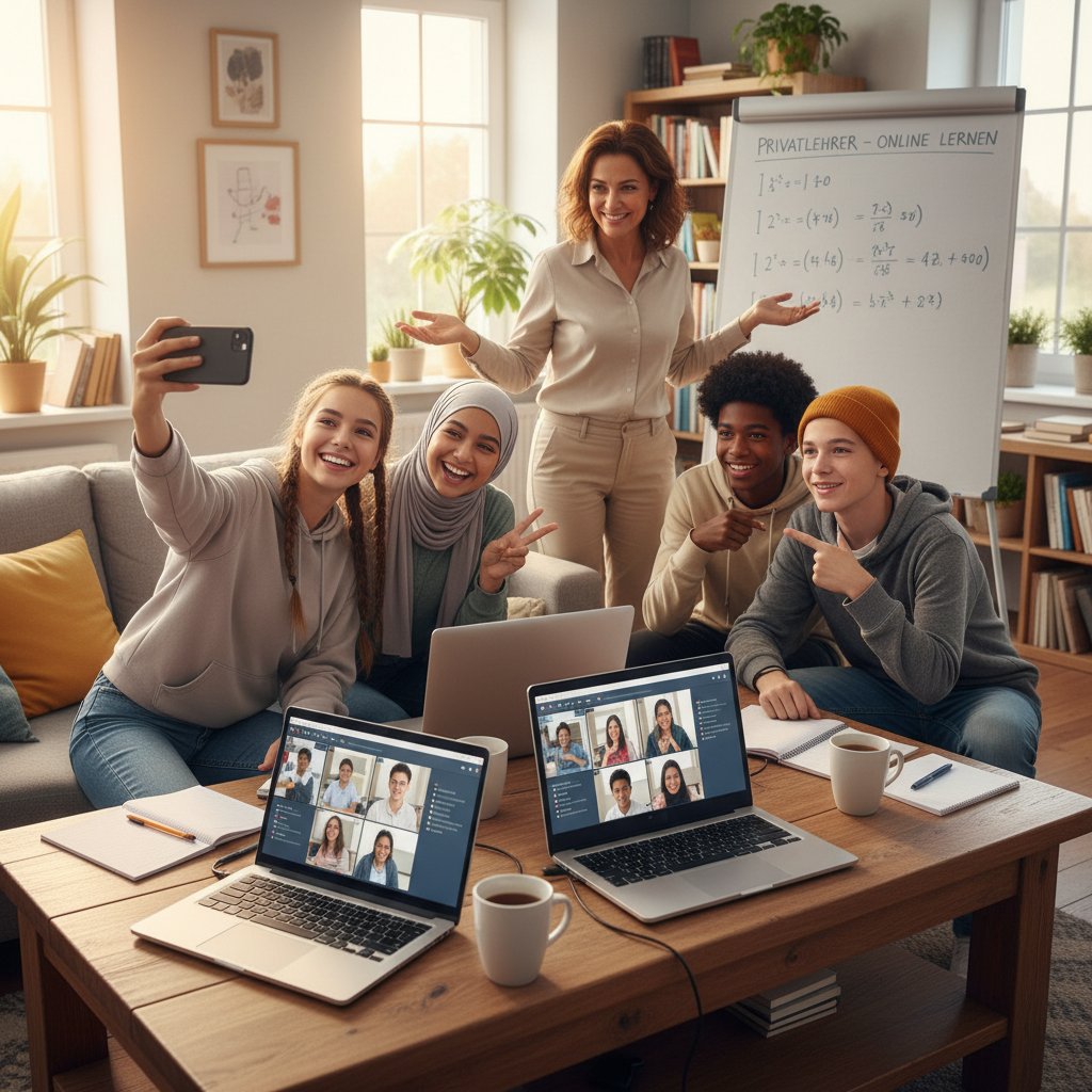 Ein Gruppenselfie diverser Jugendlicher mit Laptops und Tablets – Lerneinheit auf privatlehrer.ai als Symbol für Vielfalt und digitalen Zusammenhalt