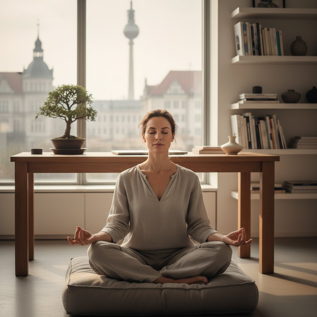 Porträt einer deutschen Frau in Berlin, die nach einem Burnout meditativ und gelassen im Büro sitzt